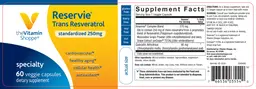 Label for Reservie Trans Resveratrol Standardized 250 mg