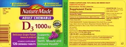 Label for Adult Chewable D3 1000 IU Delicious Grape Flavor