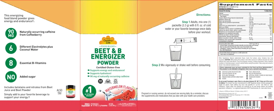 Label for Beet & B Energizer Powder Watermelon Flavor