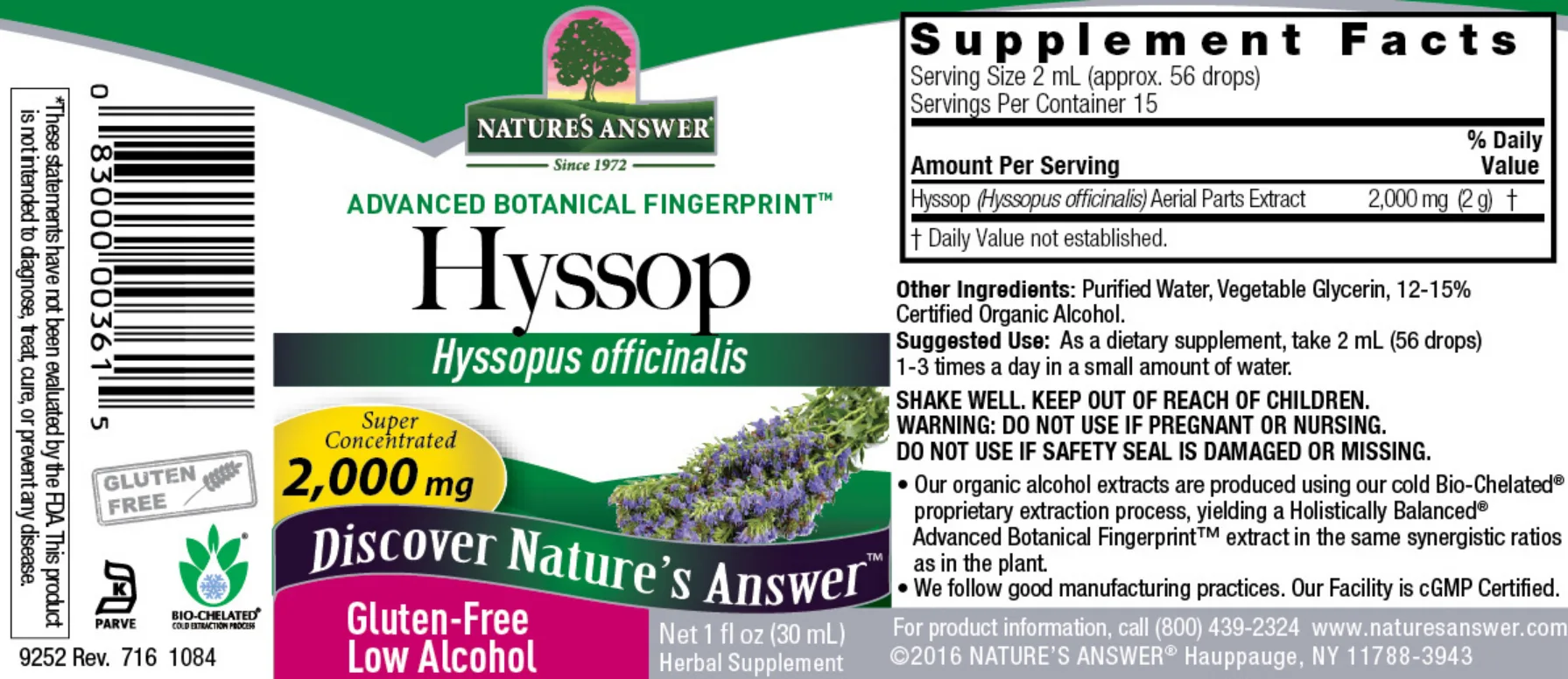 Label for Hyssop 2,000 mg