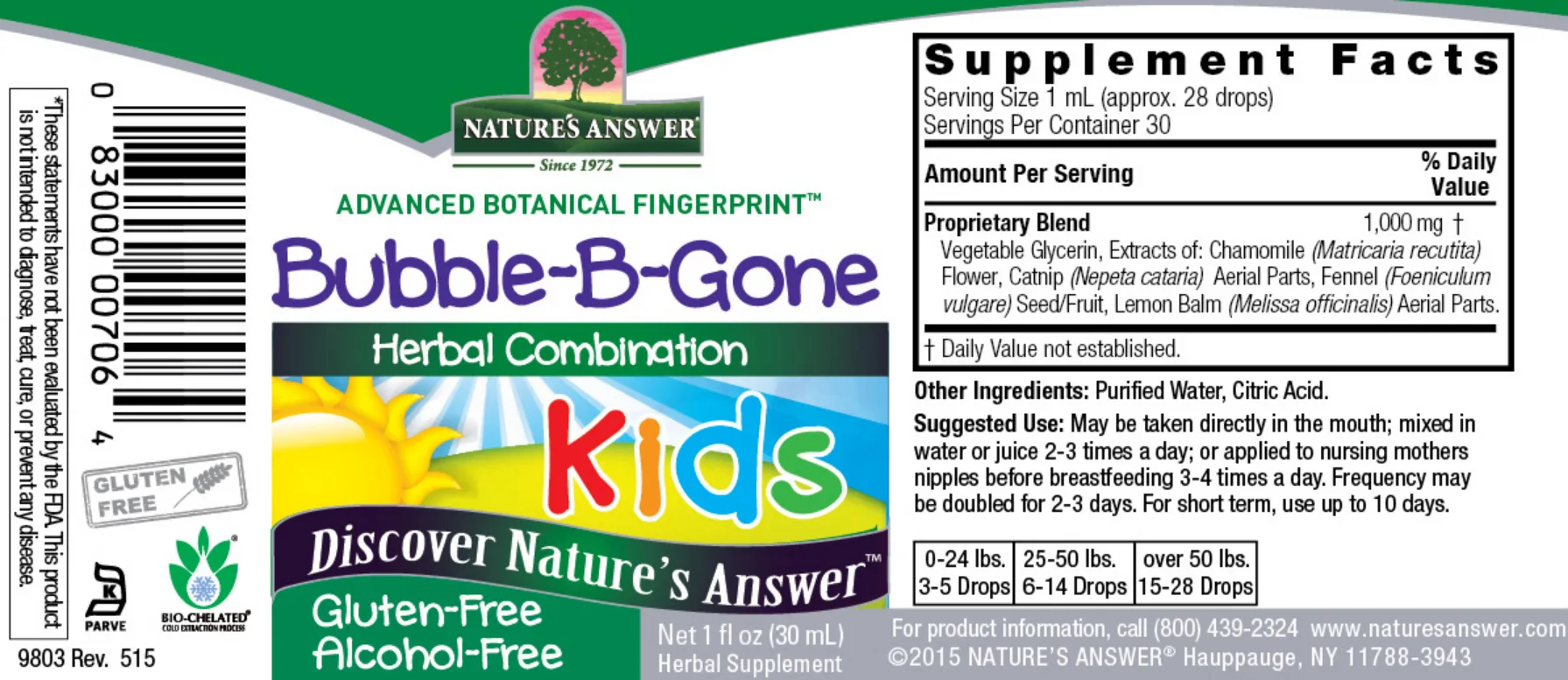 Label for Bubble-B-Gone Alcohol-Free