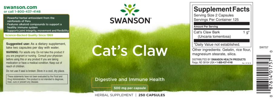 Label for Cat's Claw 500 mg