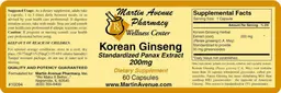 Label for Korean Ginseng Standardized Panax Extract 200 mg