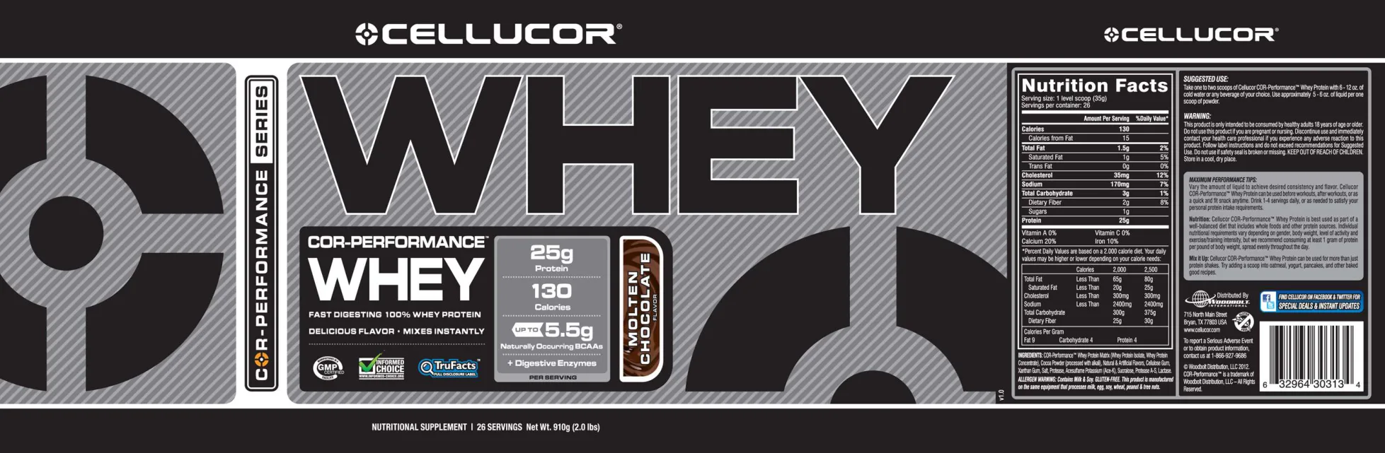 Label for COR-Performance Whey Molten Chocolate Flavor