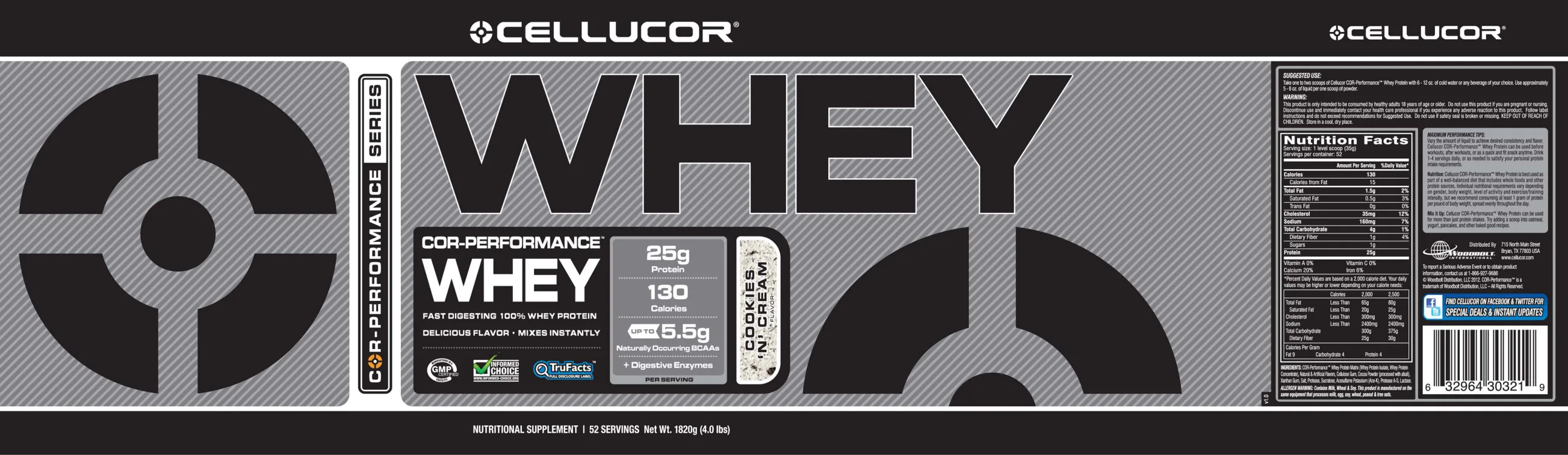 Label for COR-Performance Whey Cookies 'N' Cream Flavor