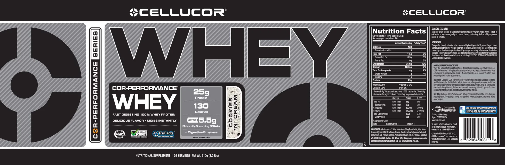 Label for COR-Performance Whey Cookies 'N' Cream Flavor