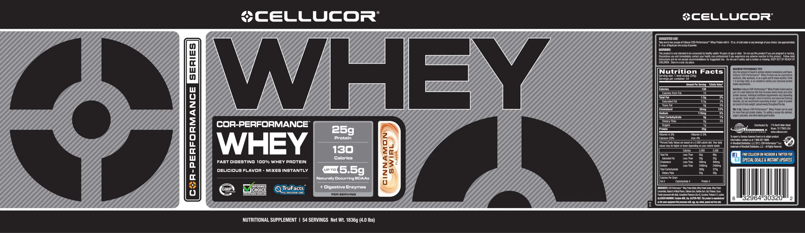 Label for Cor-Performance Whey Cinnamon Swirl Flavor