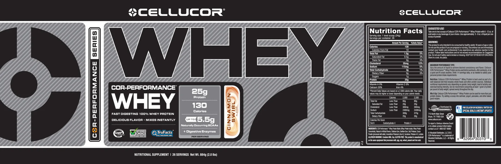 Label for COR-Performance Whey Cinnamon Swirl Flavor