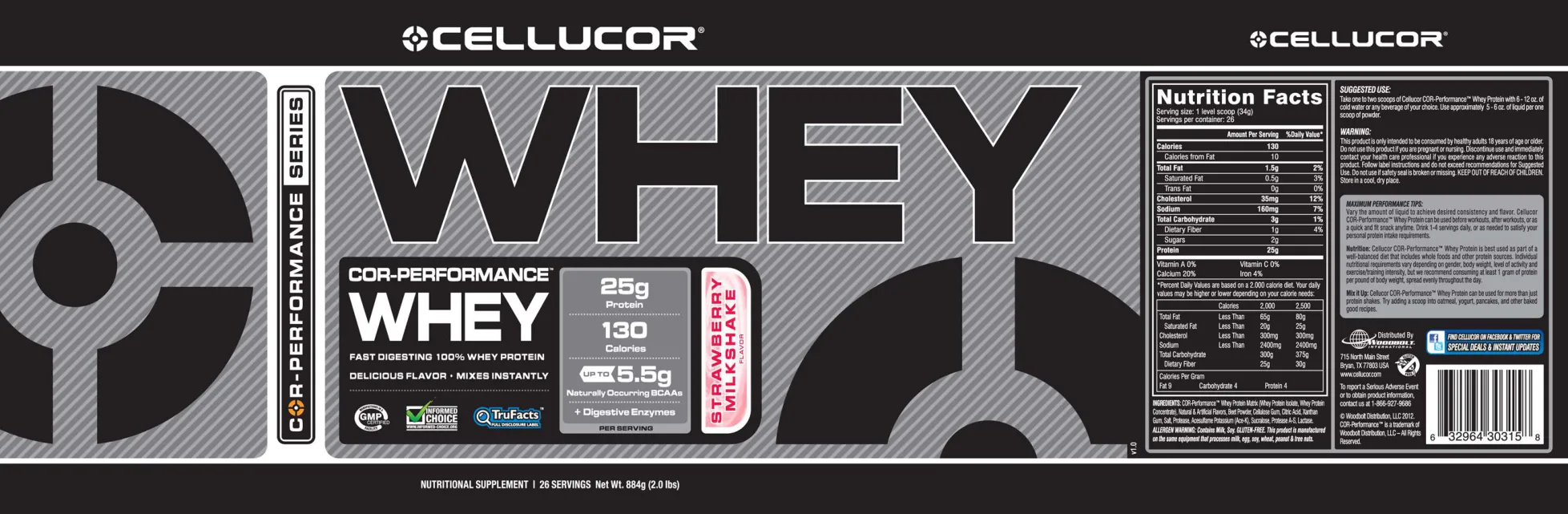 Label for COR-Performance Whey Strawberry Milkshake Flavor