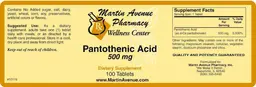 Label for Pantothenic Acid 500 mg