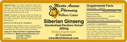 Label for Siberian Ginseng Standardized Eleuthero Extract 200 mg