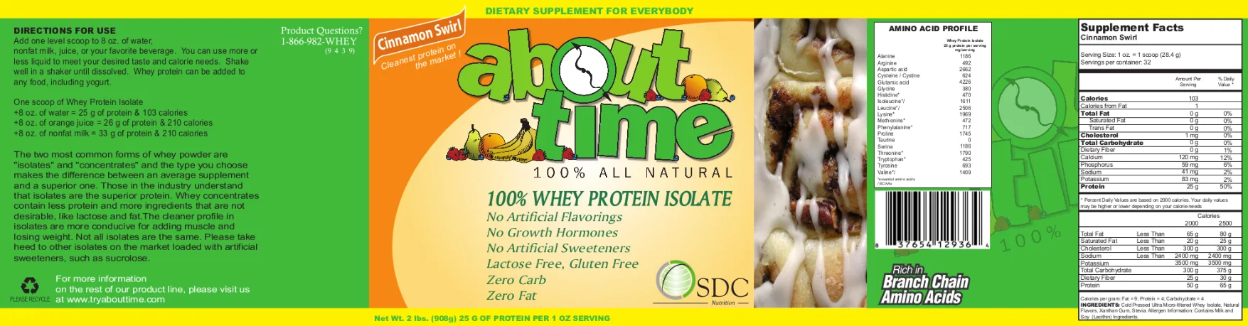 Label for About Time 100% Whey Protein Isolate Cinnamon Swirl