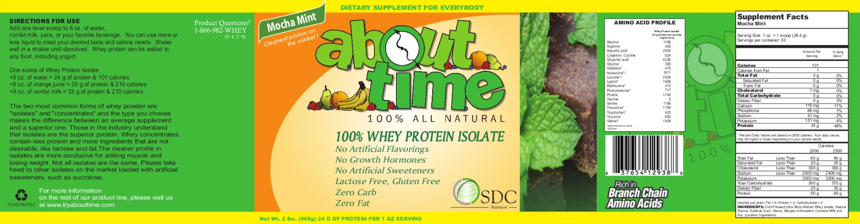 Label for About Time 100% Whey Protein Isolate Mocha Mint