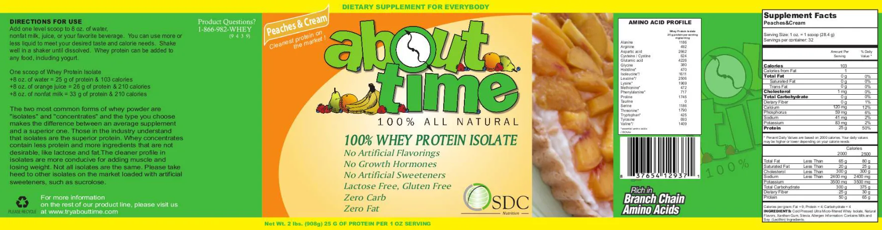 Label for About Time 100% Whey Protein Isolate Peaches & Cream