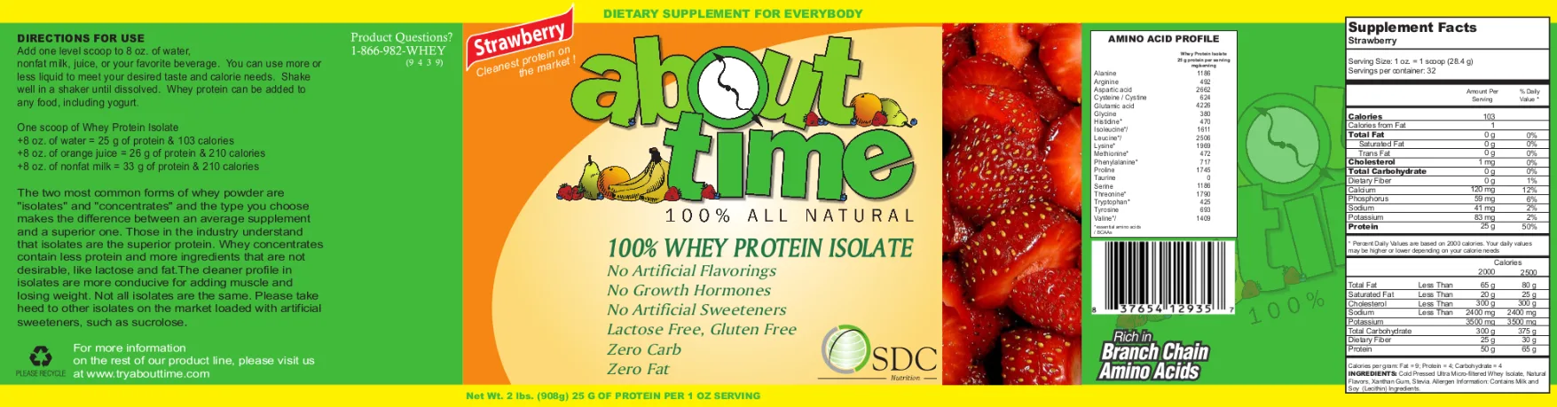 Label for About Time 100% Whey Protein Isolate Strawberry