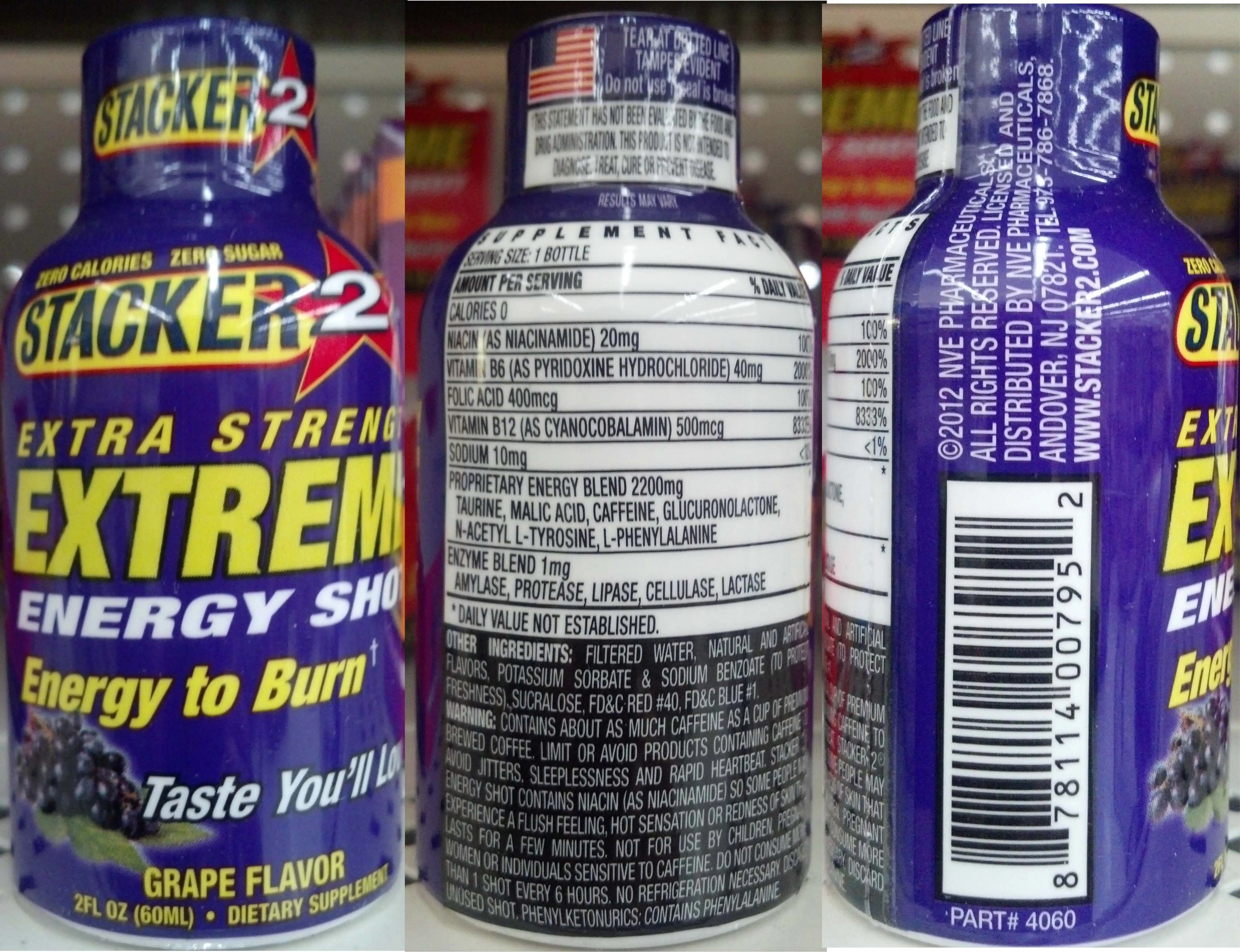 Label for Extra Strangth Extreme Energy Shot Grape Flavor
