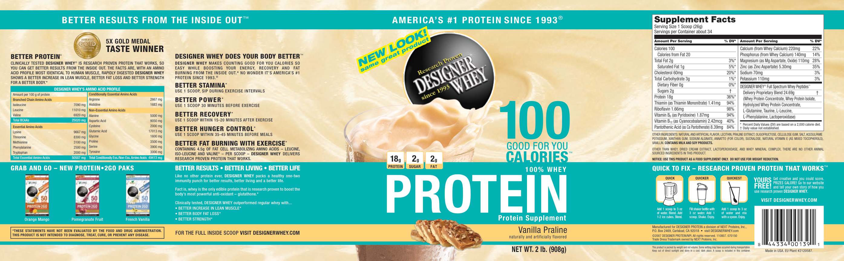Label for Designer Whey Vanilla Praline