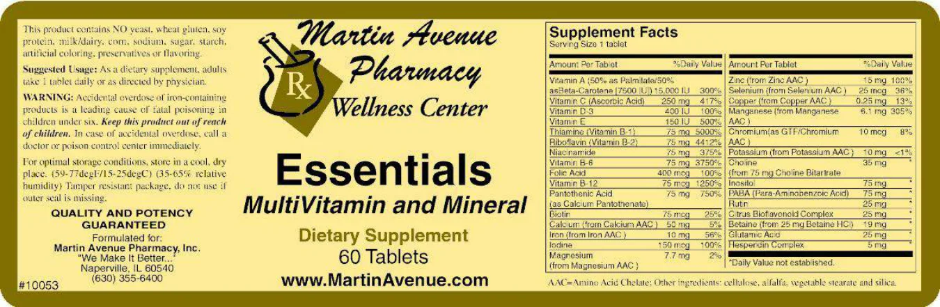 Label for Essentials Multivitamin And Mineral