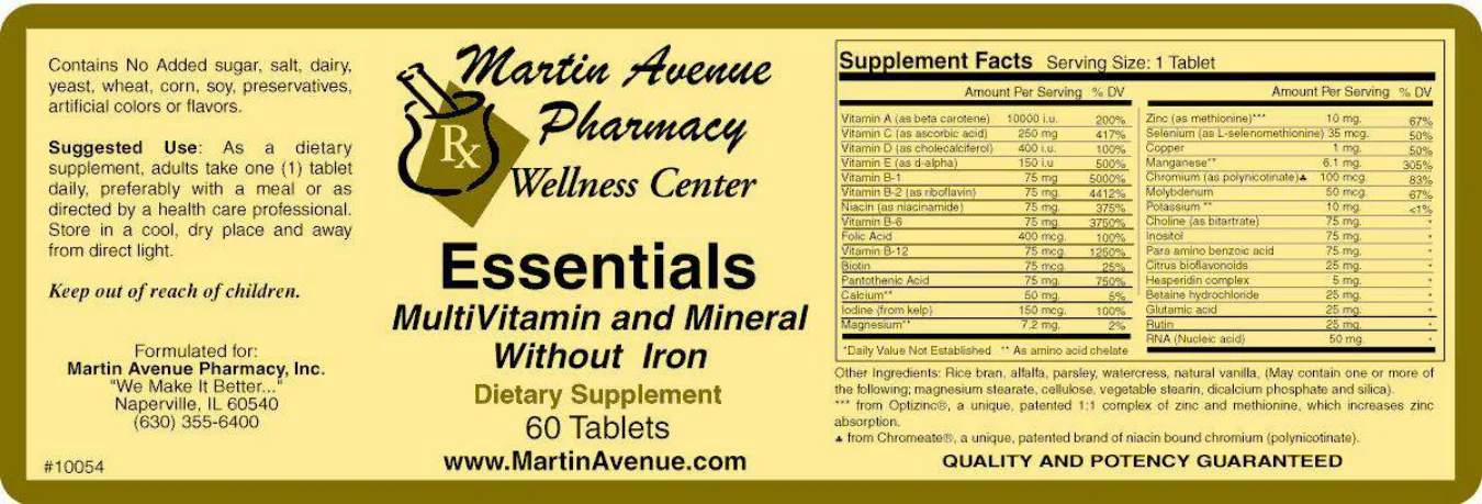 Label for Essentials Multivitamin And Mineral Without Iron