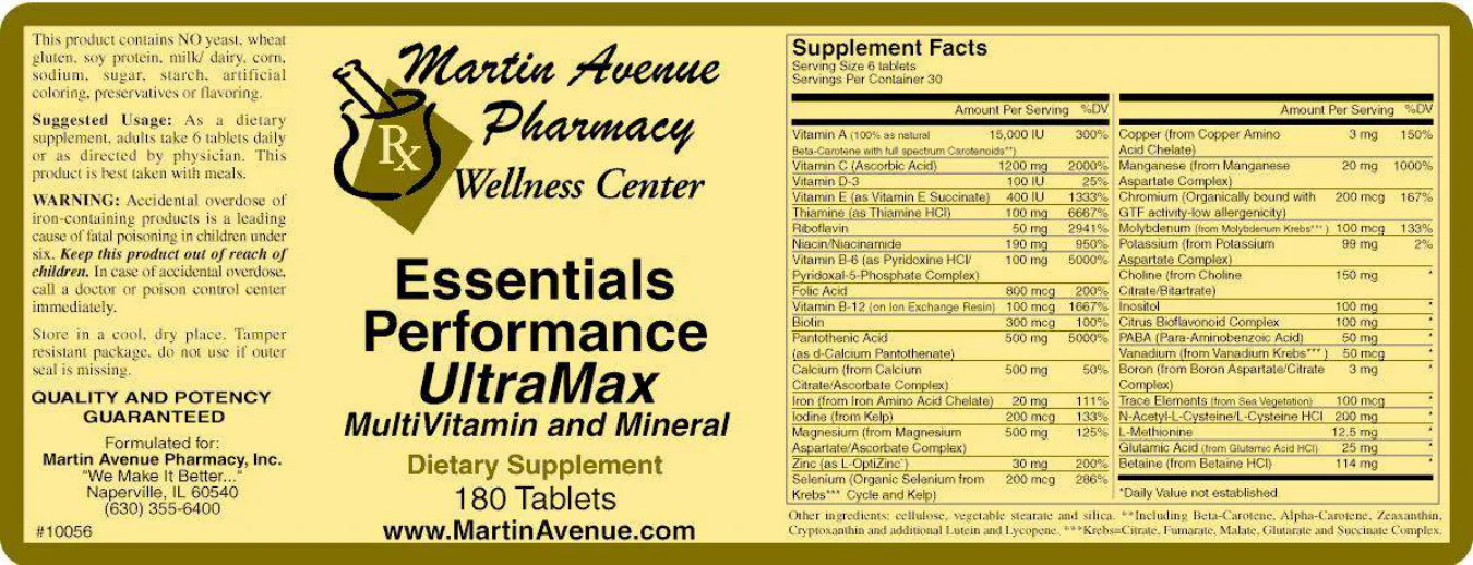 Label for Essentials Performance UltraMax MultiVitamin And Mineral