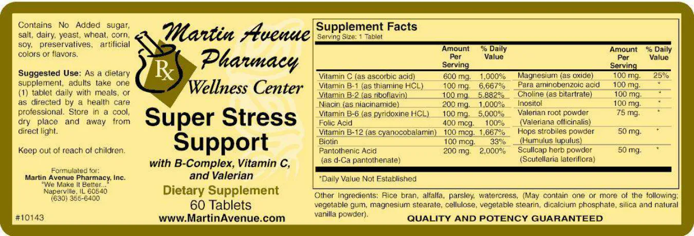 Label for Super Stress Support With B-Complex, Vitamin C, And Valerian