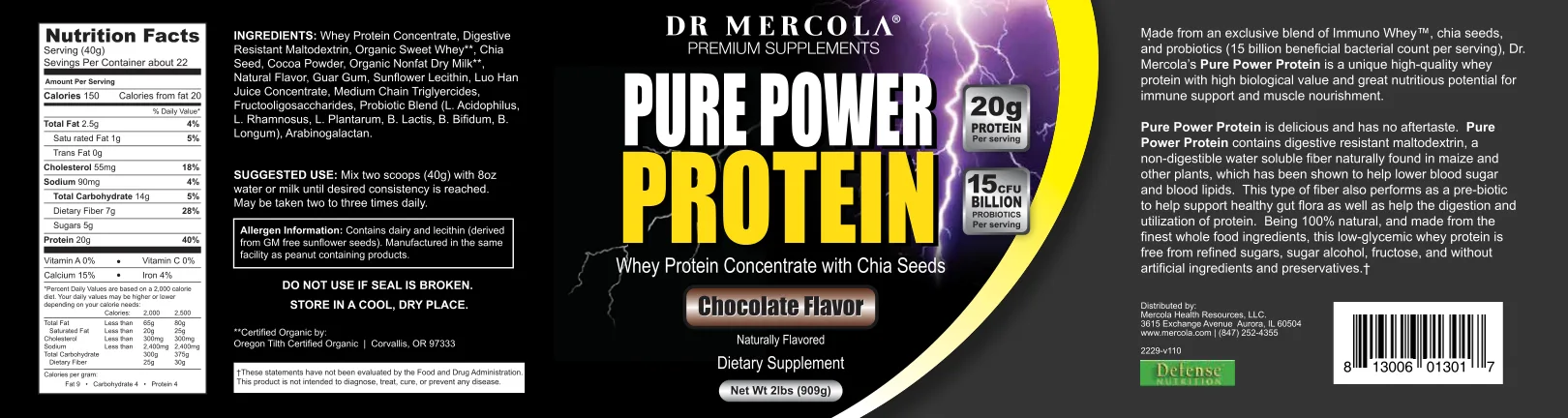 Label for Pure Power Protein Chocolate Flavor
