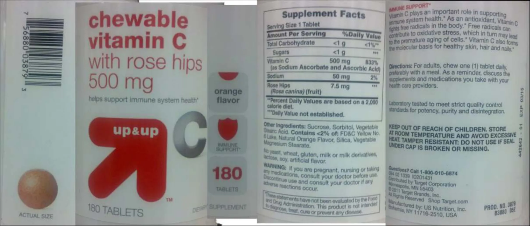 Label for Chewable Vitamin C with Rose Hips 500 mg Orange flavor