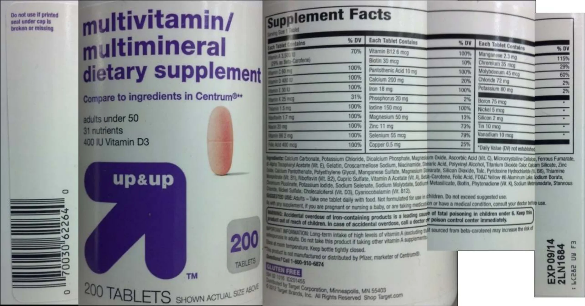 Label for Multivitamin/Multimineral Adults Under 50