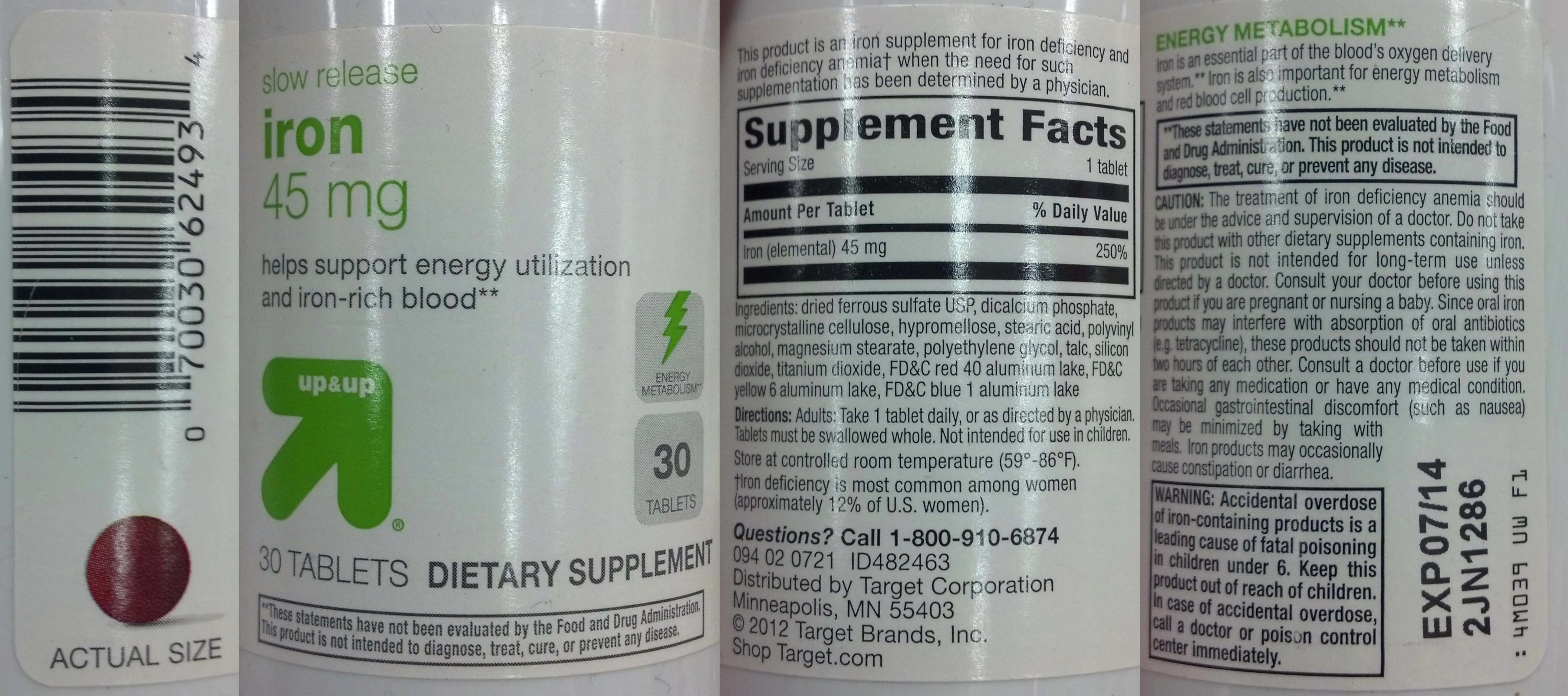 Label for Slow Release Iron 45 mg