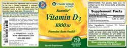 Label for Sunvite Vitamin D3 1000 IU