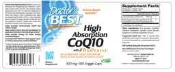 Label for High Absorption CoQ10 400 mg with BioPerine