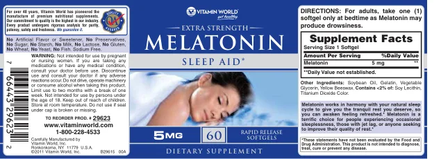 Label for Extra Strength Melatonin 5 mg