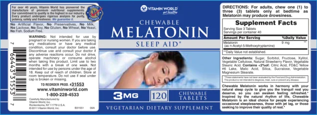 Label for Chewable Melatonin 3 mg