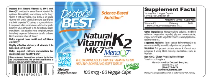 Label for Natural Vitamin K2 MK-7 with MenaQ7 100 mcg