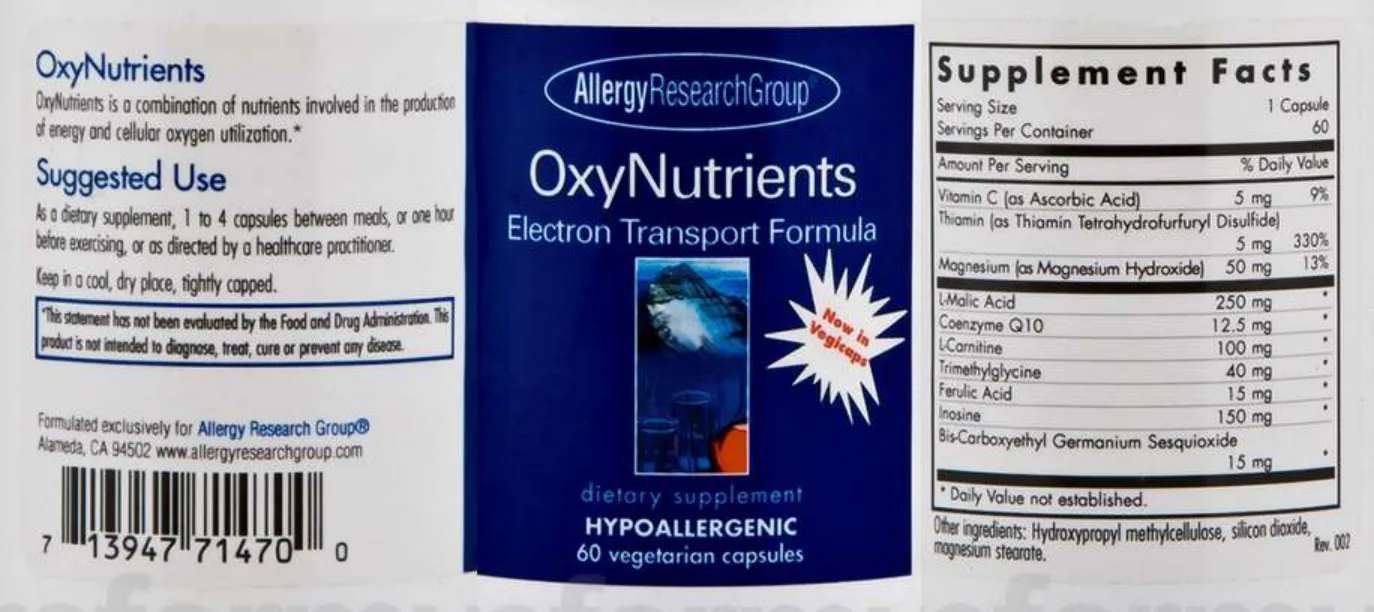 Label for OxyNutrients Electron Transport Formula