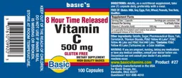 Label for 8 Hour Time Released Vitamin C 500 mg