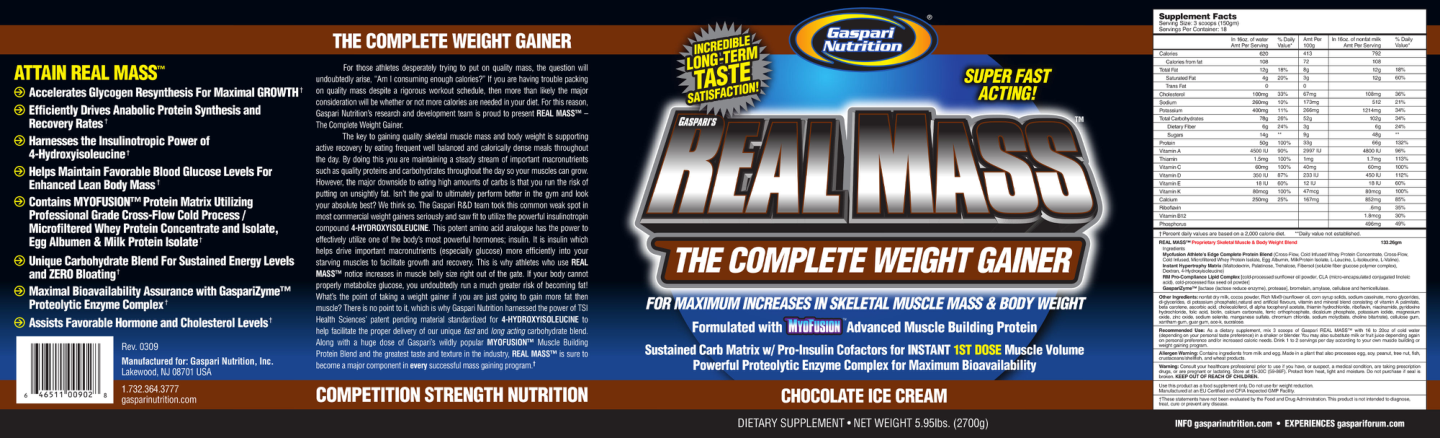 Label for Gaspari's Real Mass Chocolate Ice Cream