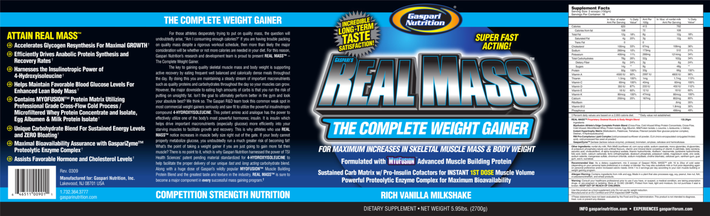 Label for Gaspari's Real Mass Rich Vanilla Milkshake