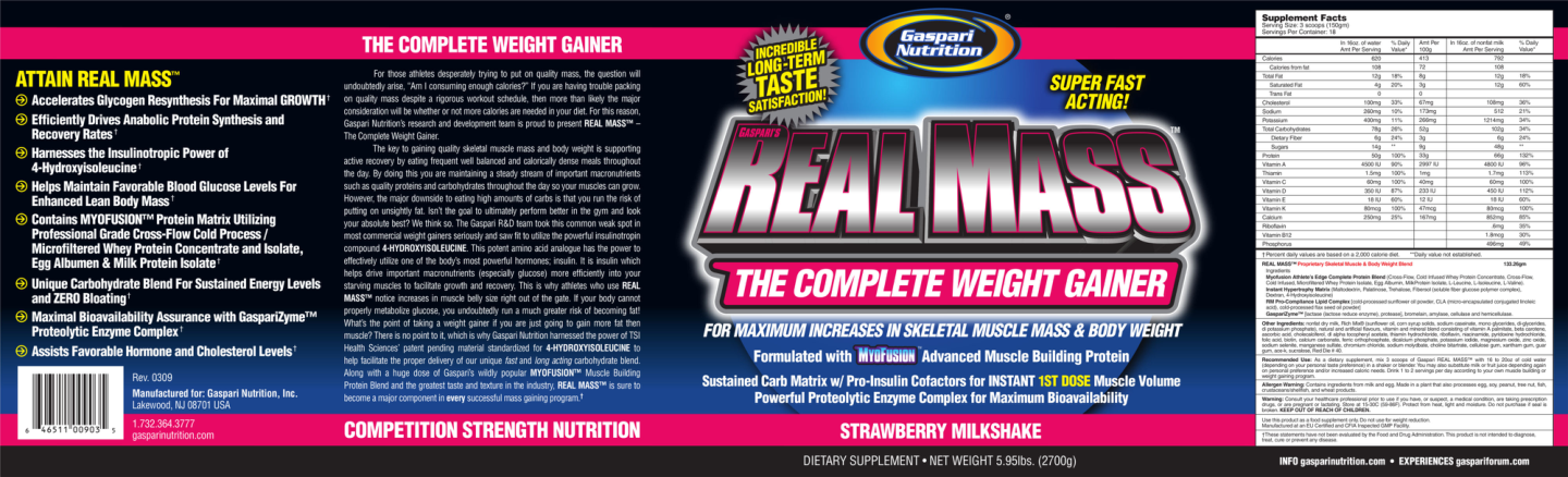 Label for Gaspari's Real Mass Strawberry Milkshake