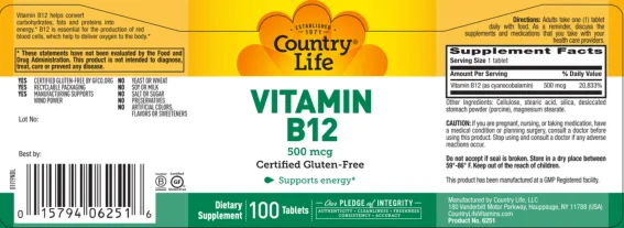 Label for Vitamin B12 500 mcg