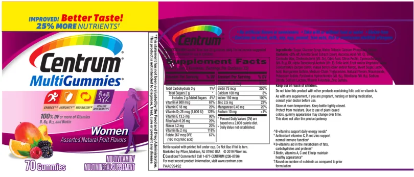 Label for Centrum MultiGummies Women Assorted Natural Fruit Flavors