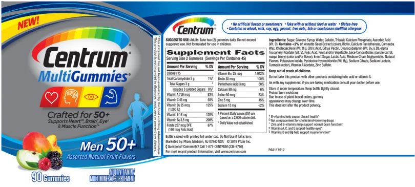 Label for Centrum MultiGummies Men 50+ Assorted Natural Fruit Flavors