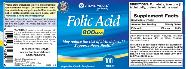 Label for Folic Acid 800 mcg