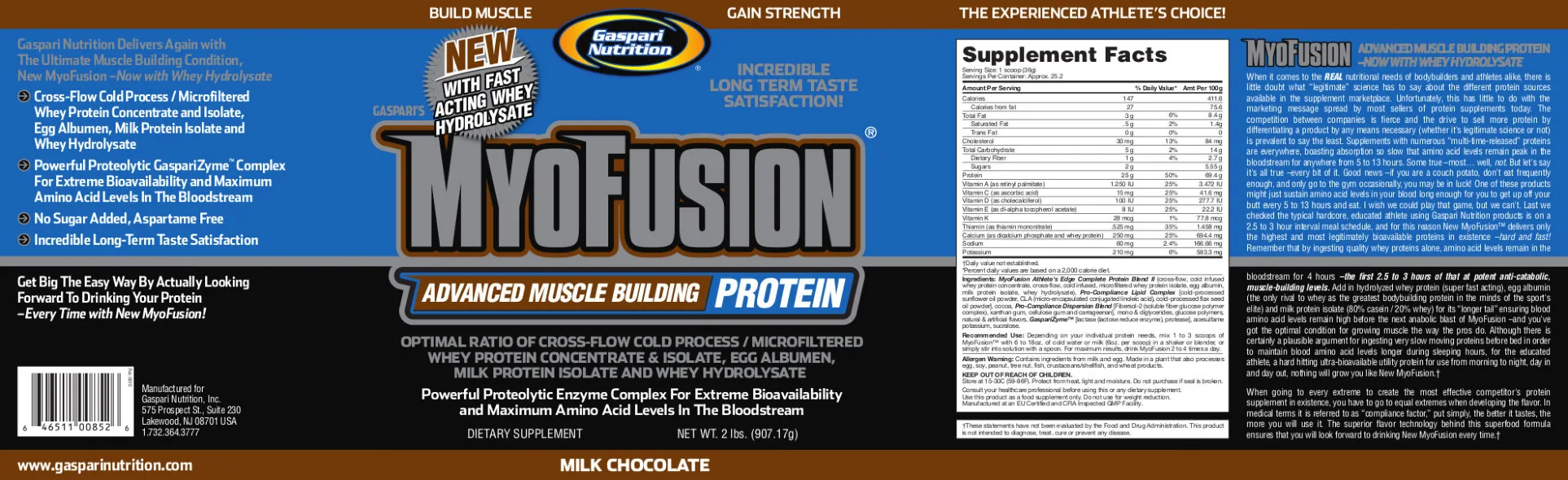 Label for Gaspari's MyoFusion Milk Chocolate