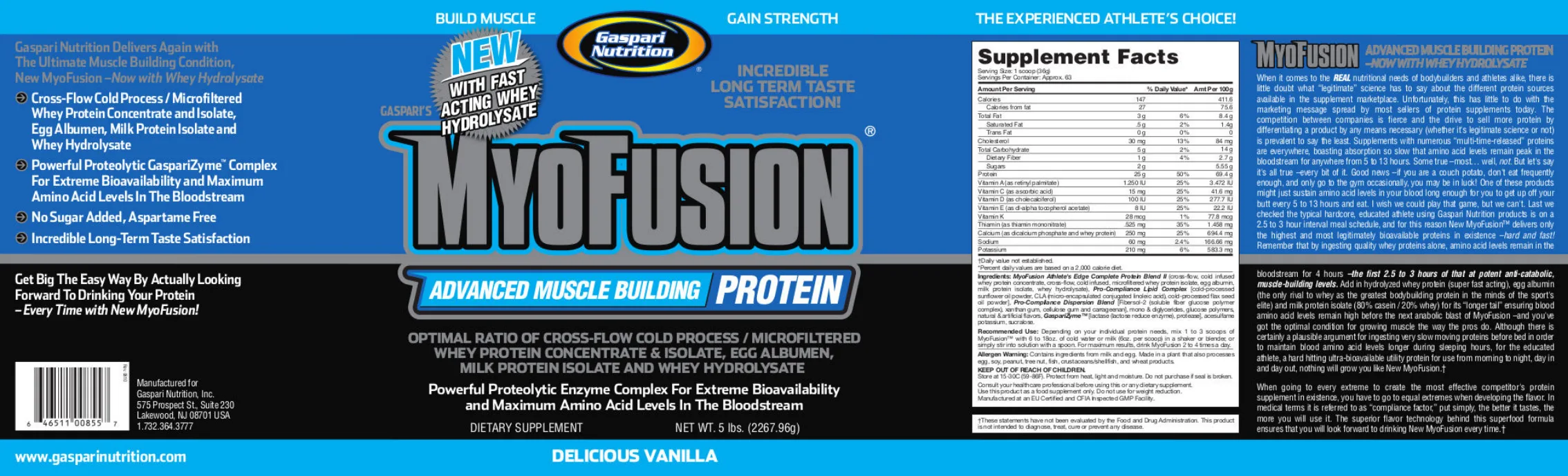 Label for Gaspari's MyoFusion Delicious Vanilla