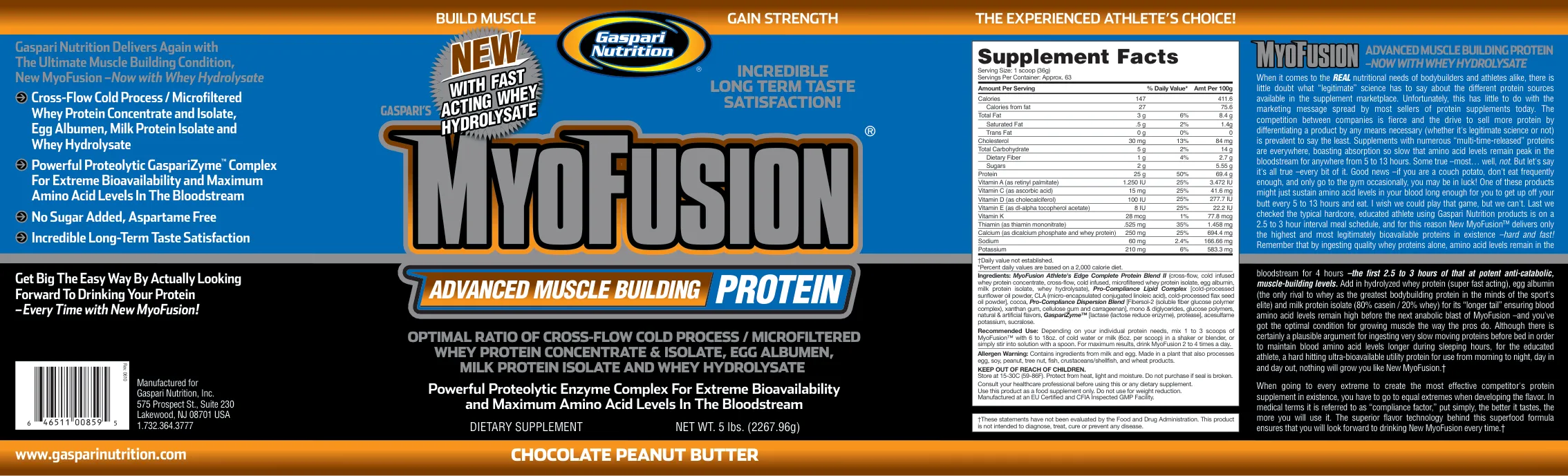 Label for Gaspari's MyoFusion Chocolate Peanut Butter