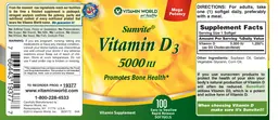 Label for Sunvite Vitamin D3 5000 IU
