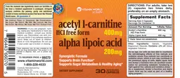 Label for Acetyl L-Carnitine 400 mg Alpha Lipoic Acid 200 mg