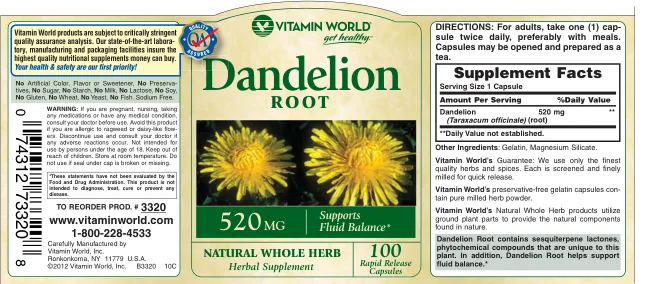 Label for Dandelion Root 520 mg