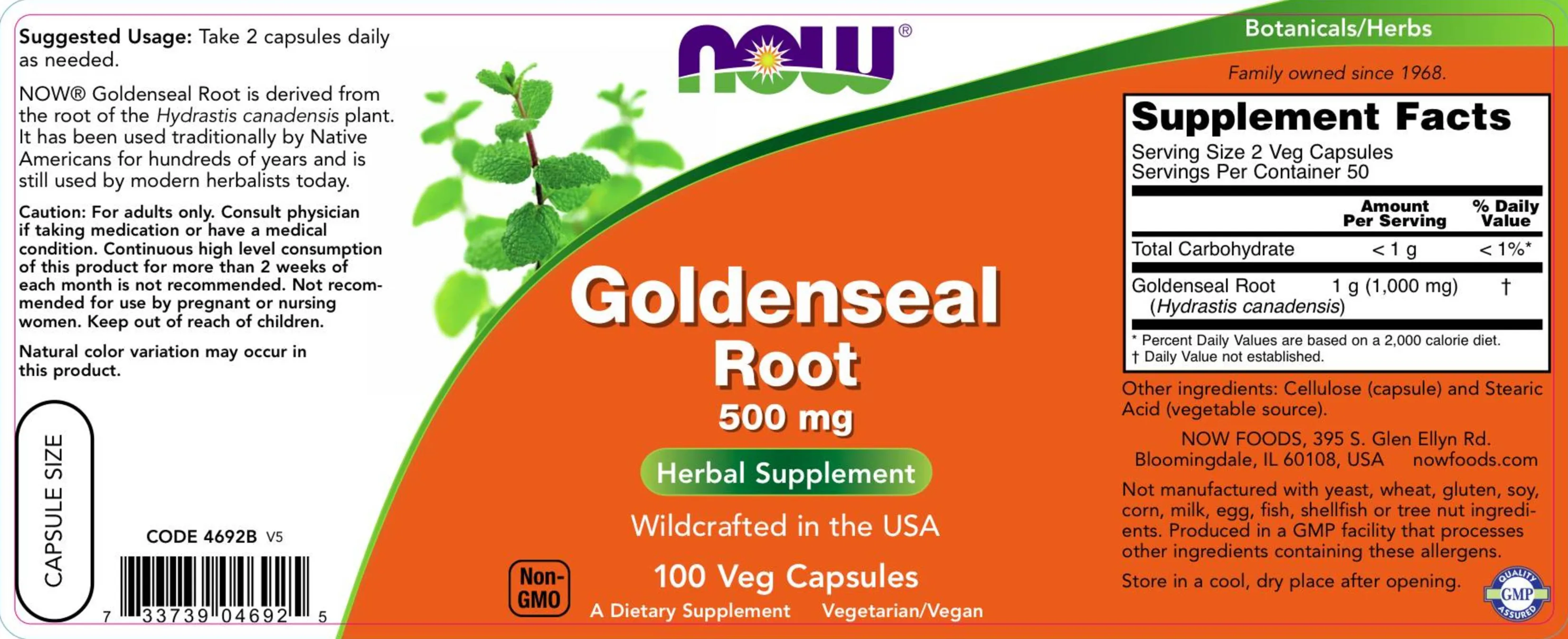 Label for Goldenseal Root 500 mg